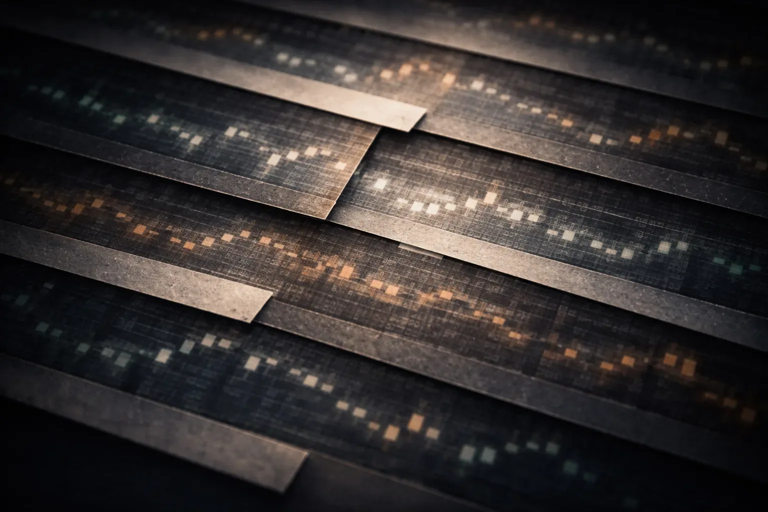 Layered archival trade records partially misaligned under cold directional light, evoking fragmented multi account crypto journaling