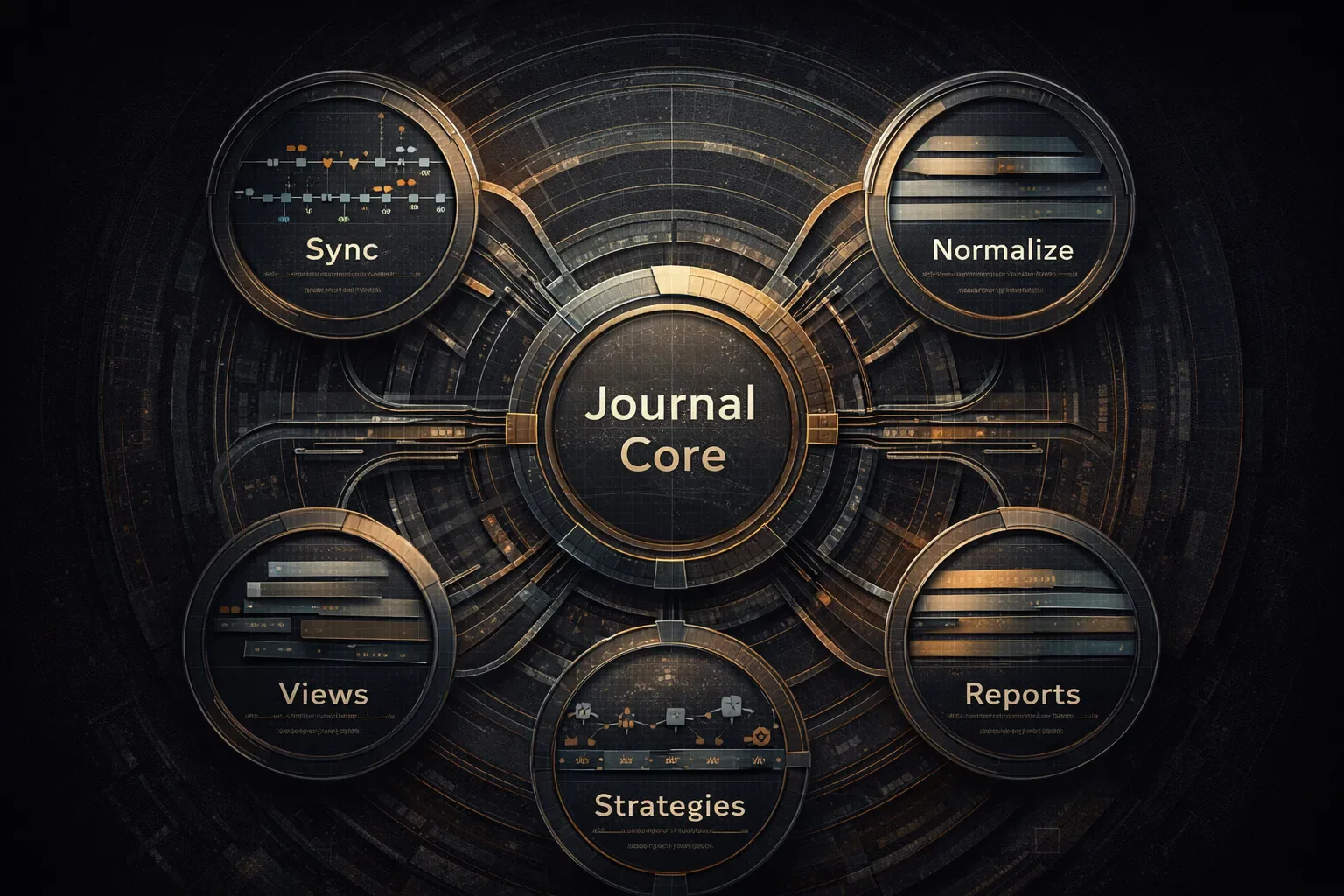 Diagram of the core requirements a multi account trading journal must support across exchanges, normalization, strategy grouping, and reporting