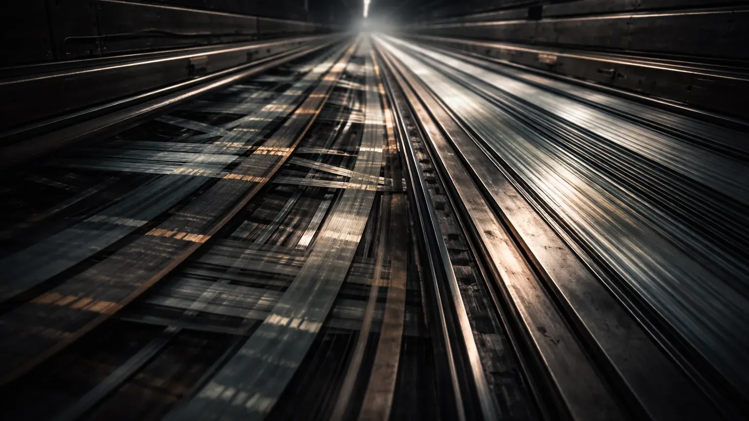 Long exposure scene of parallel mechanical record paths tightening into a single smooth flow, conveying automation in multi account journaling