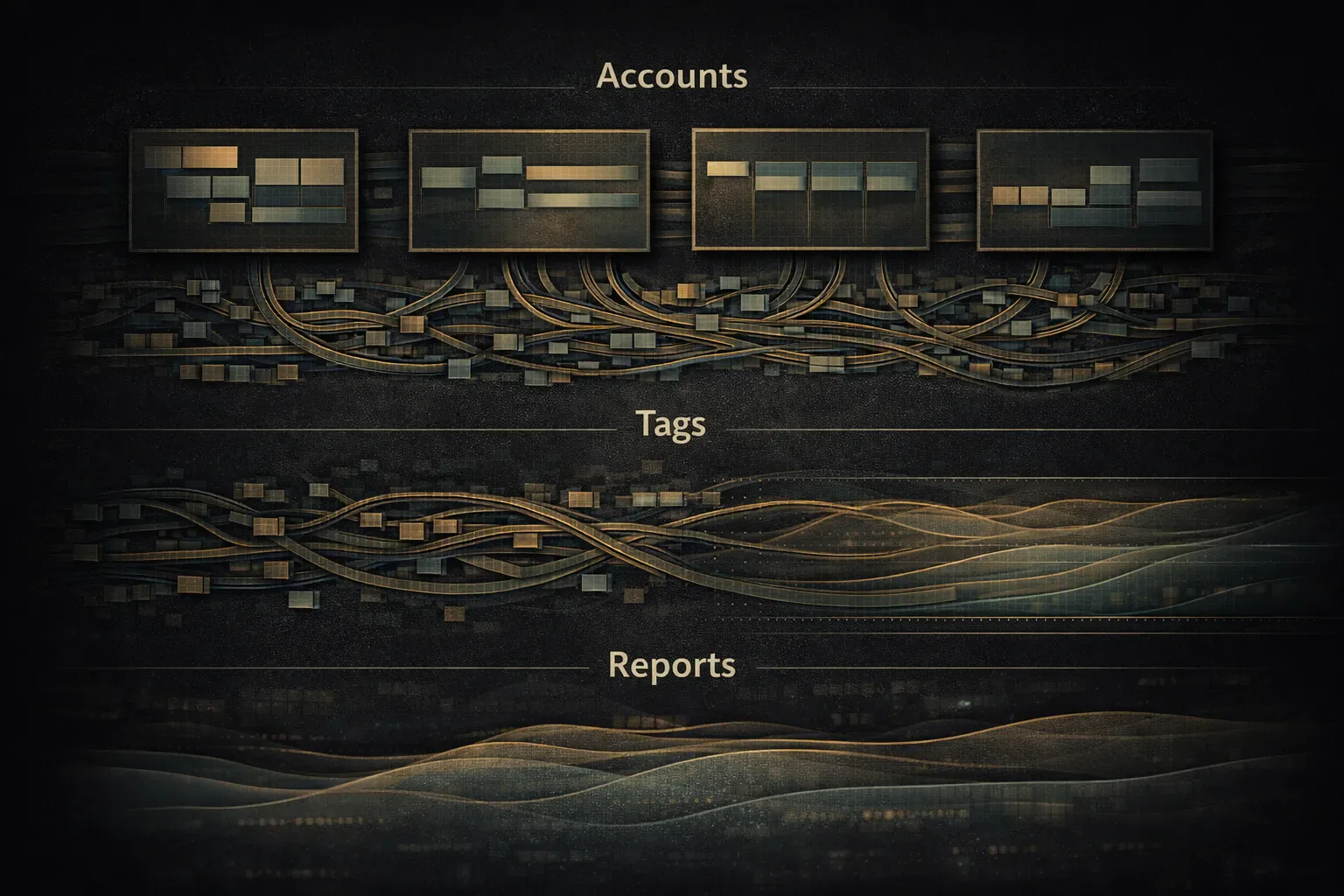 Structured diagram showing how accounts, tags, and reports should relate inside a multi account trading journal