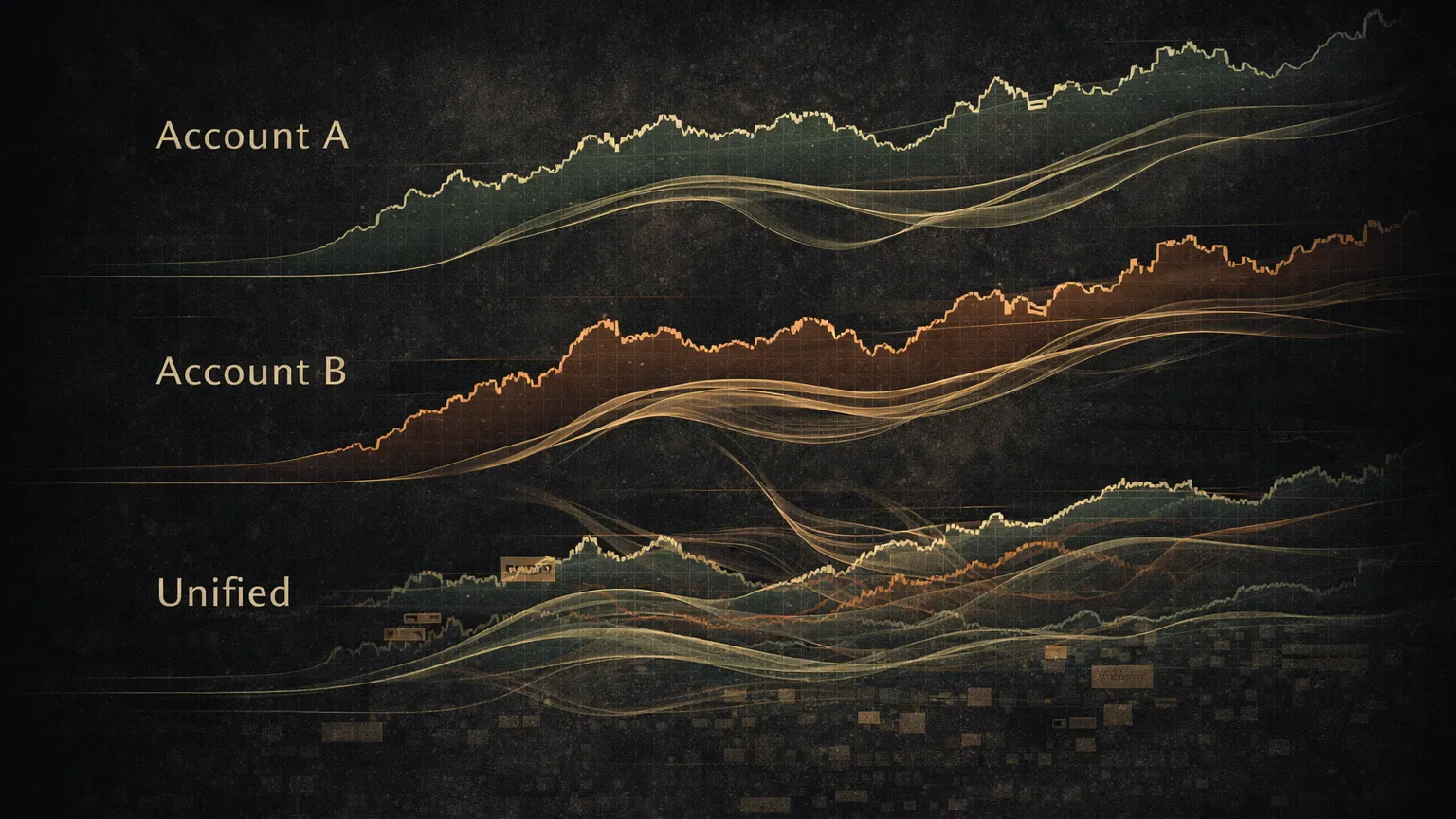 Merged reporting visualization showing how separate profitable and losing accounts combine into one fragile overall trading picture