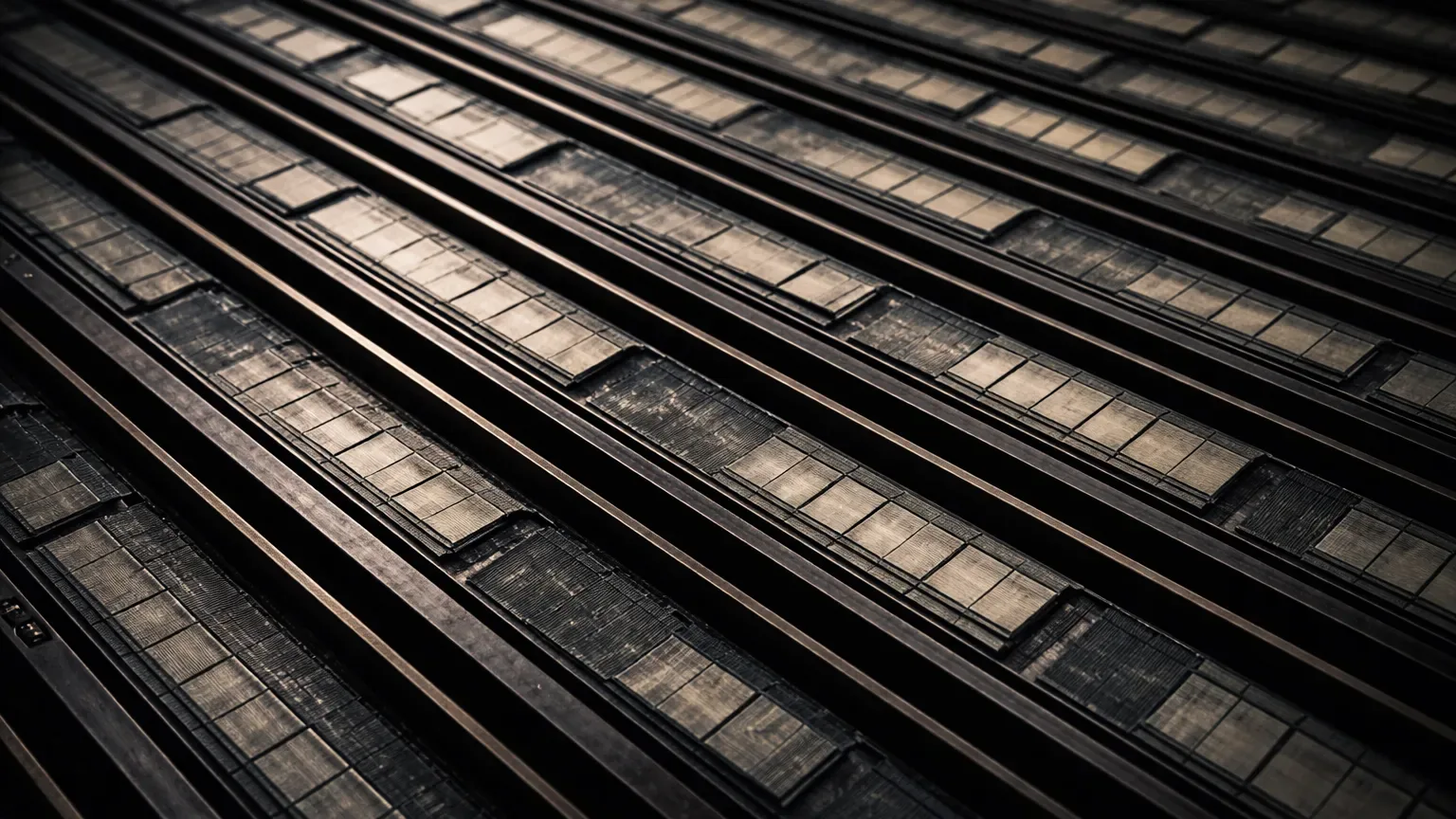 Dimly lit layered filing channels with subtle misalignment and shadowed interruptions, representing hidden corruption in multi account trading records