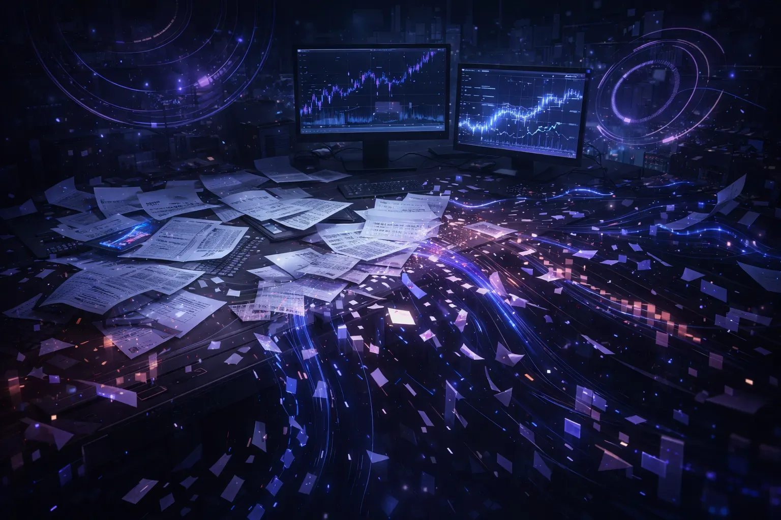 Conceptual illustration of manual crypto trade logs breaking down under 24/7 multi-exchange activity