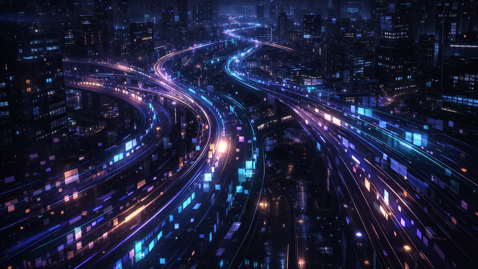 Cinematic night scene showing nonstop 24/7 crypto trading flow across multiple exchanges as streams of motion