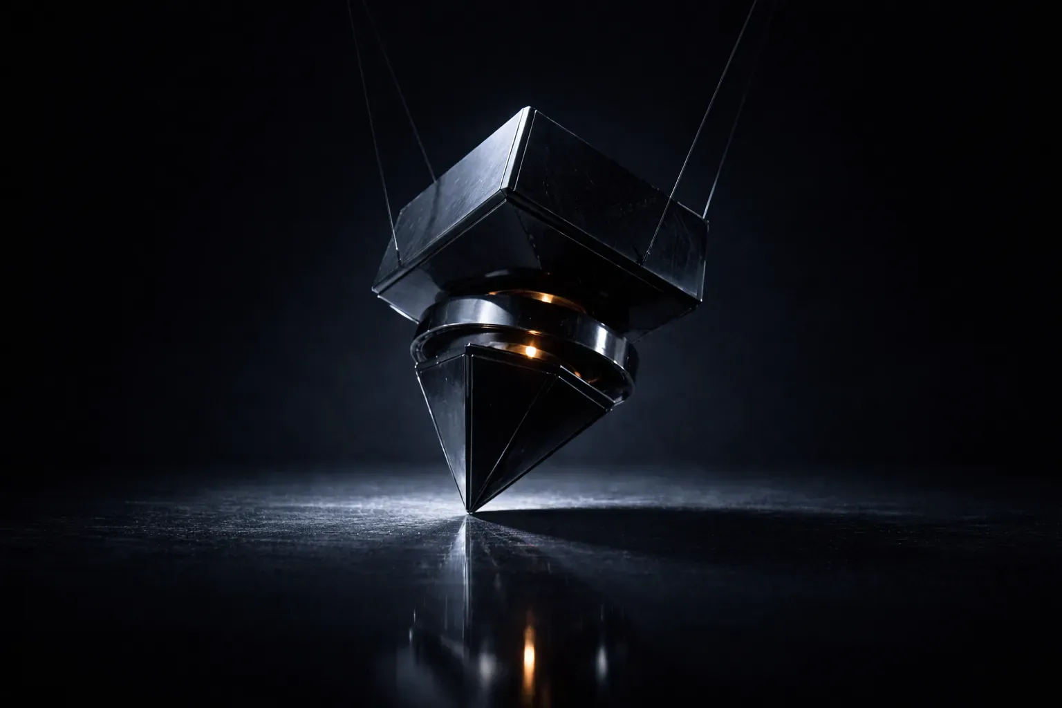 Suspended dark glass form under sharp light suggesting pressure, imbalance, and contained risk