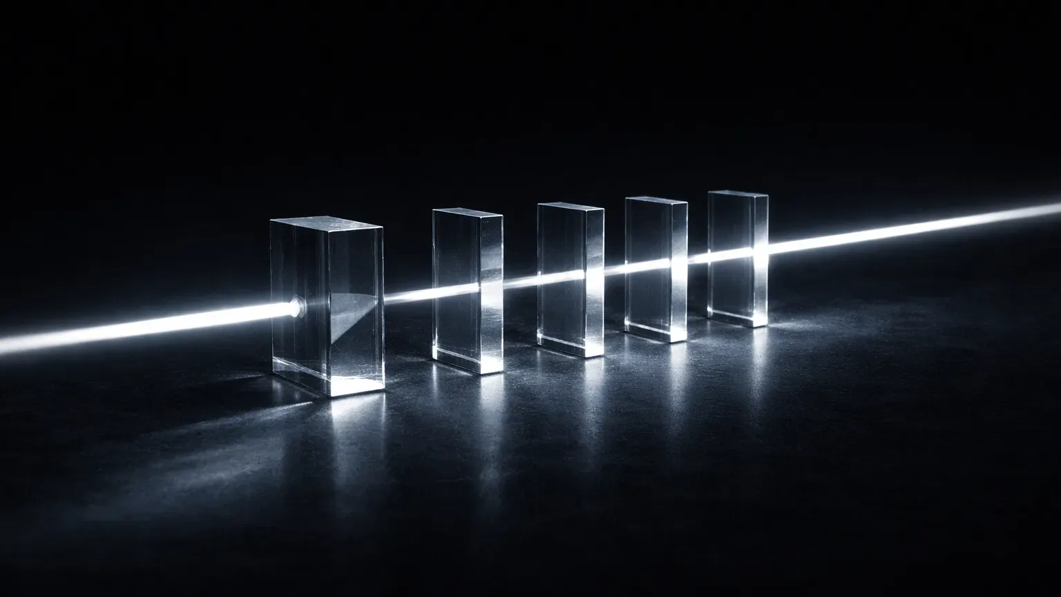 Precision calibration scene with a narrow beam of light passing through aligned glass prisms in dark environment