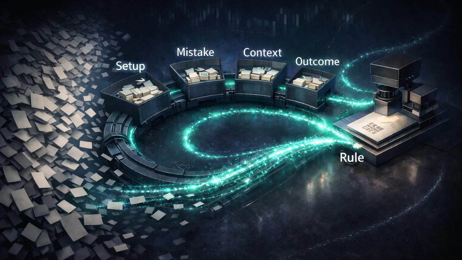 Crypto trading journal feedback loop concept showing decisions, outcomes, and rules cycling into improvement