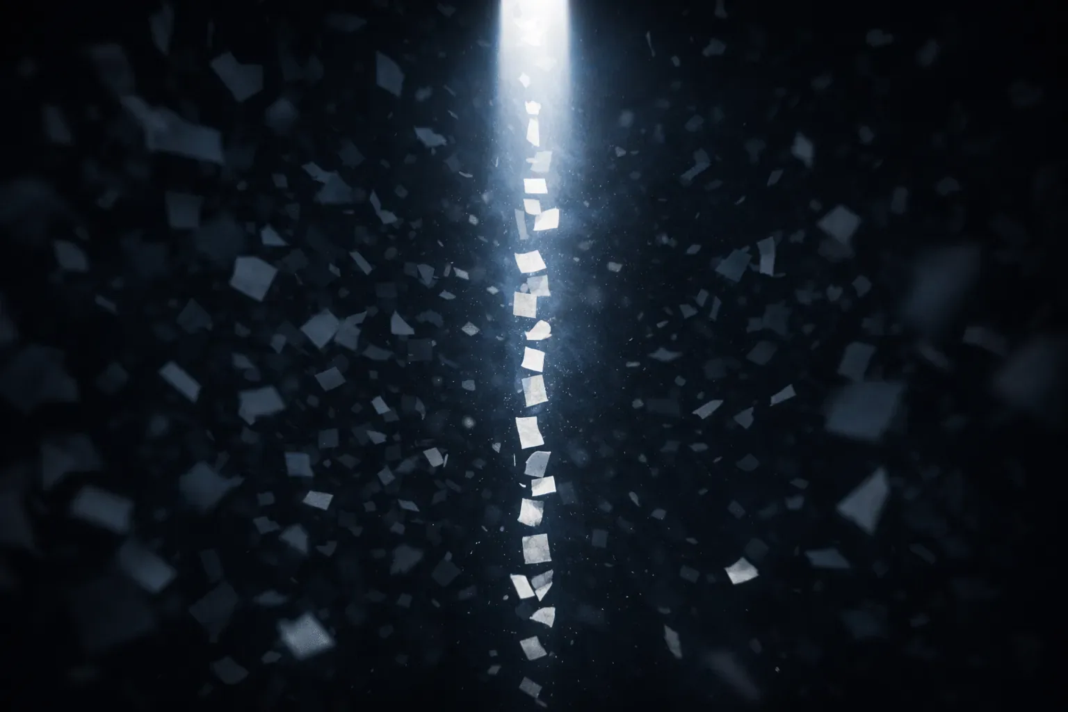 Focused beam of light cutting through swirling paper fragments in dark space symbolizing mental clarity