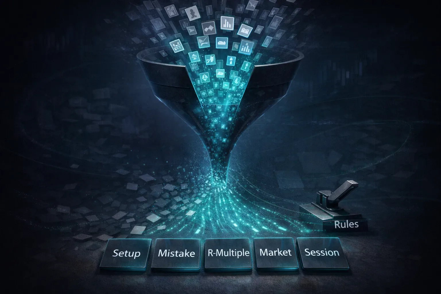 Funnel-style visualization of trading journal metrics filtered down to actionable leverage points