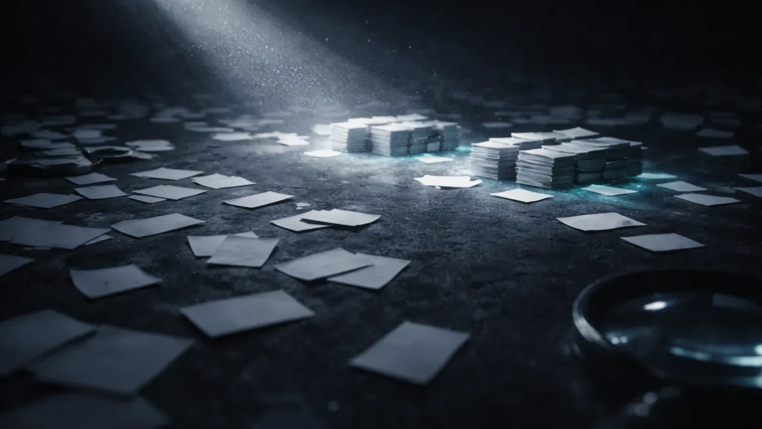 Atmospheric scene of clustered trade cards emerging from darkness, suggesting patterns revealed through grouped review