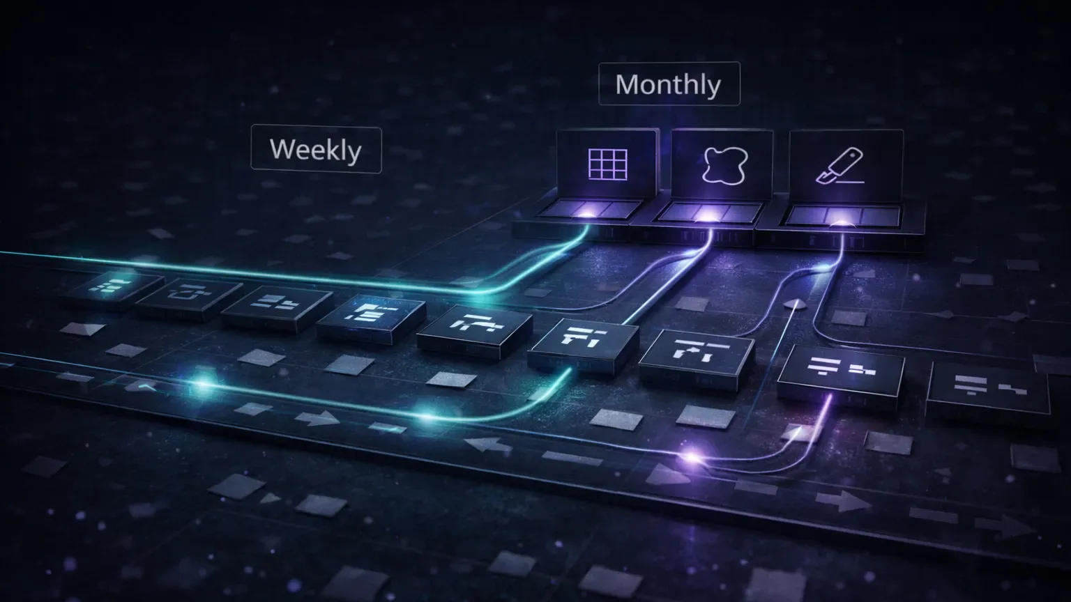 Weekly and monthly review cadence visualization showing behavior checks versus strategy direction over time