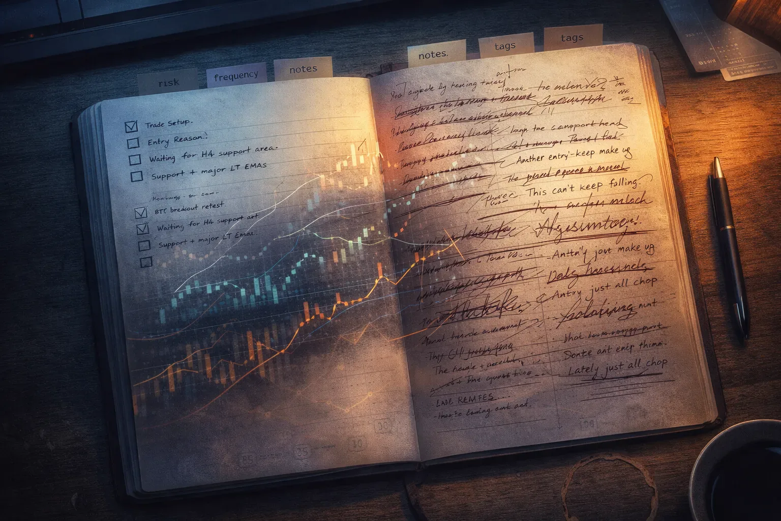 Conceptual illustration of a trading journal revealing the shift from confidence to overconfidence
