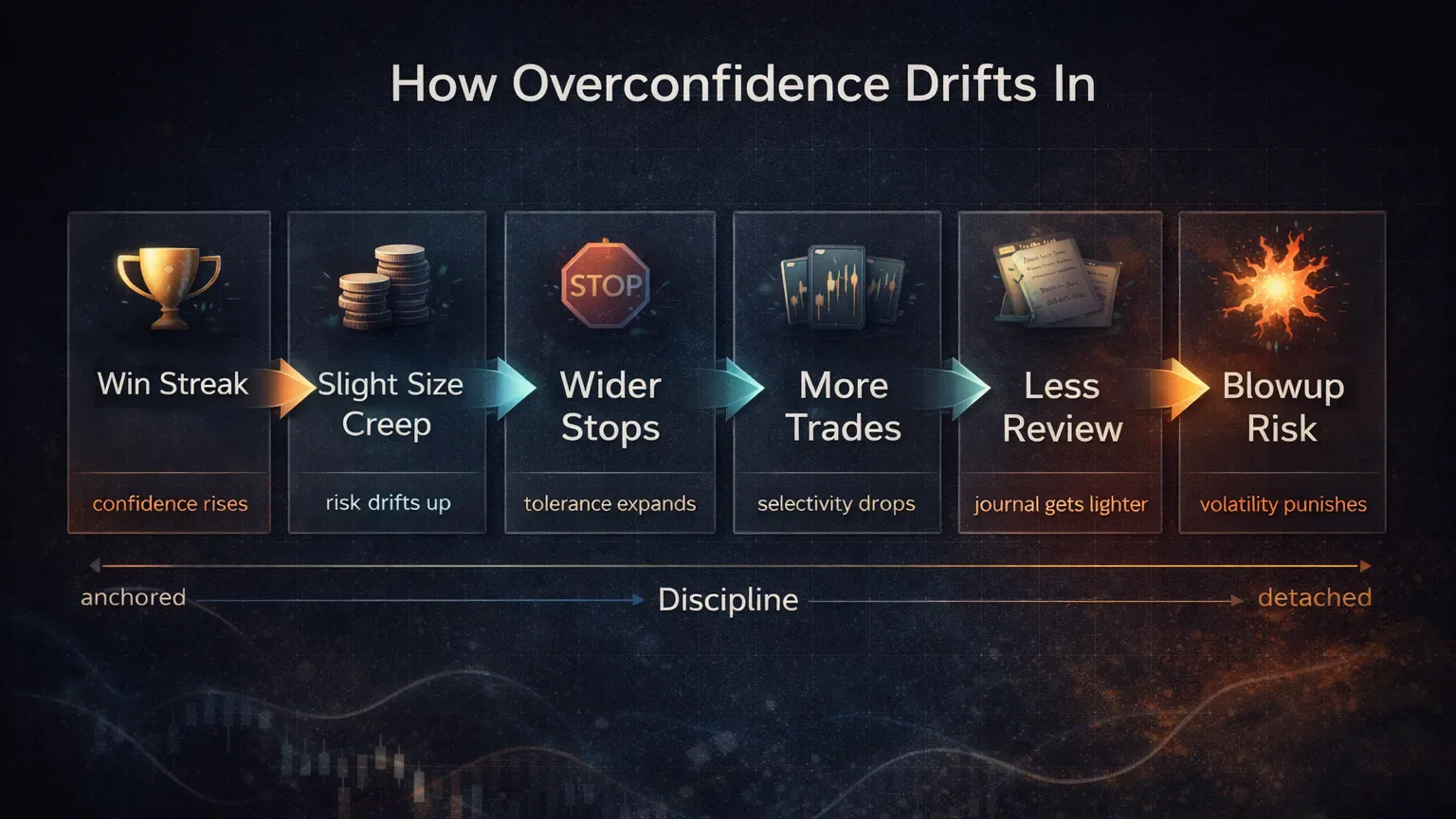 Overconfidence drift progression diagram showing size creep, wider stops, more trades, and less review