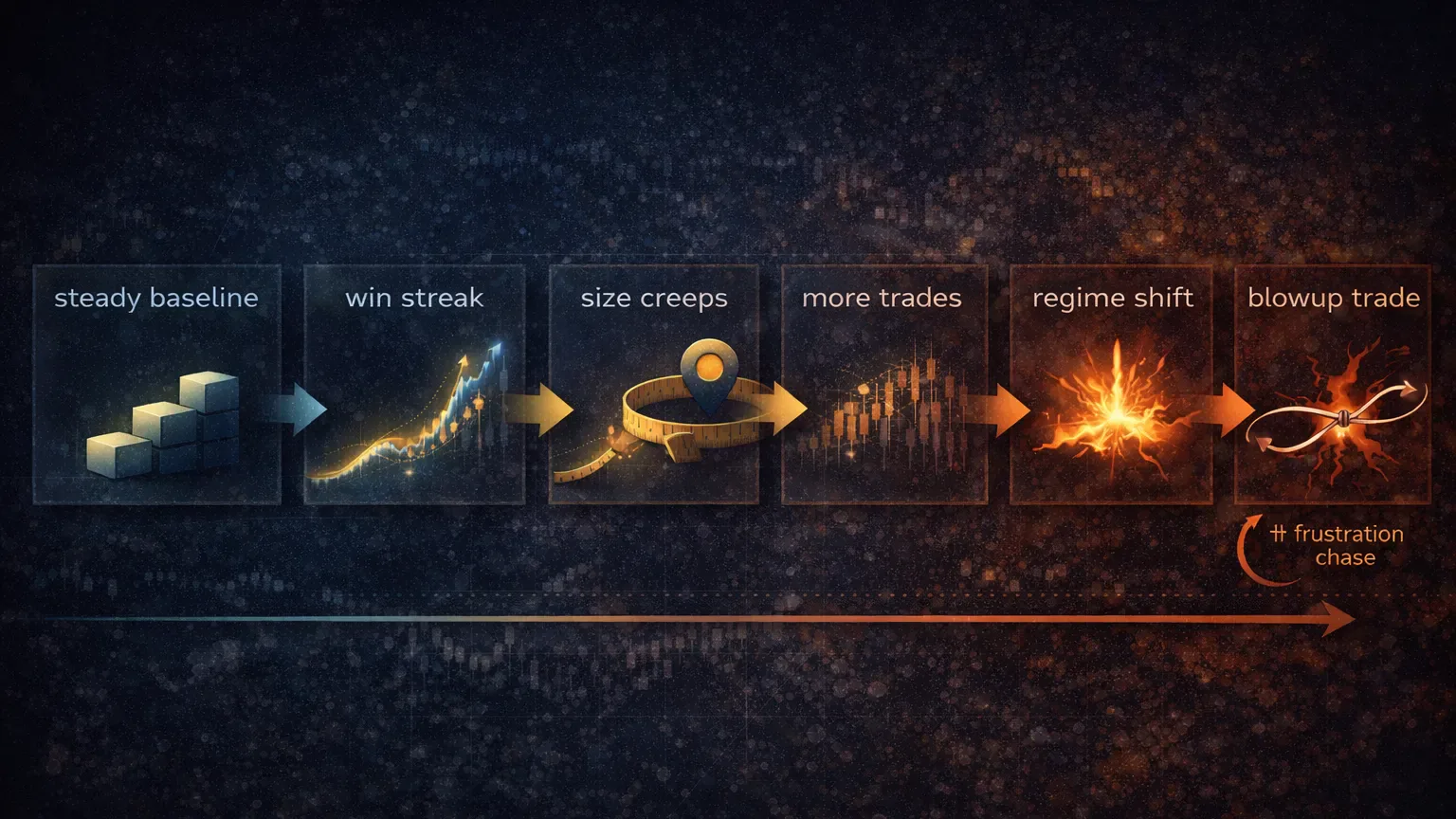 Timeline sequence illustrating a winning streak that turns into a single blowup trade
