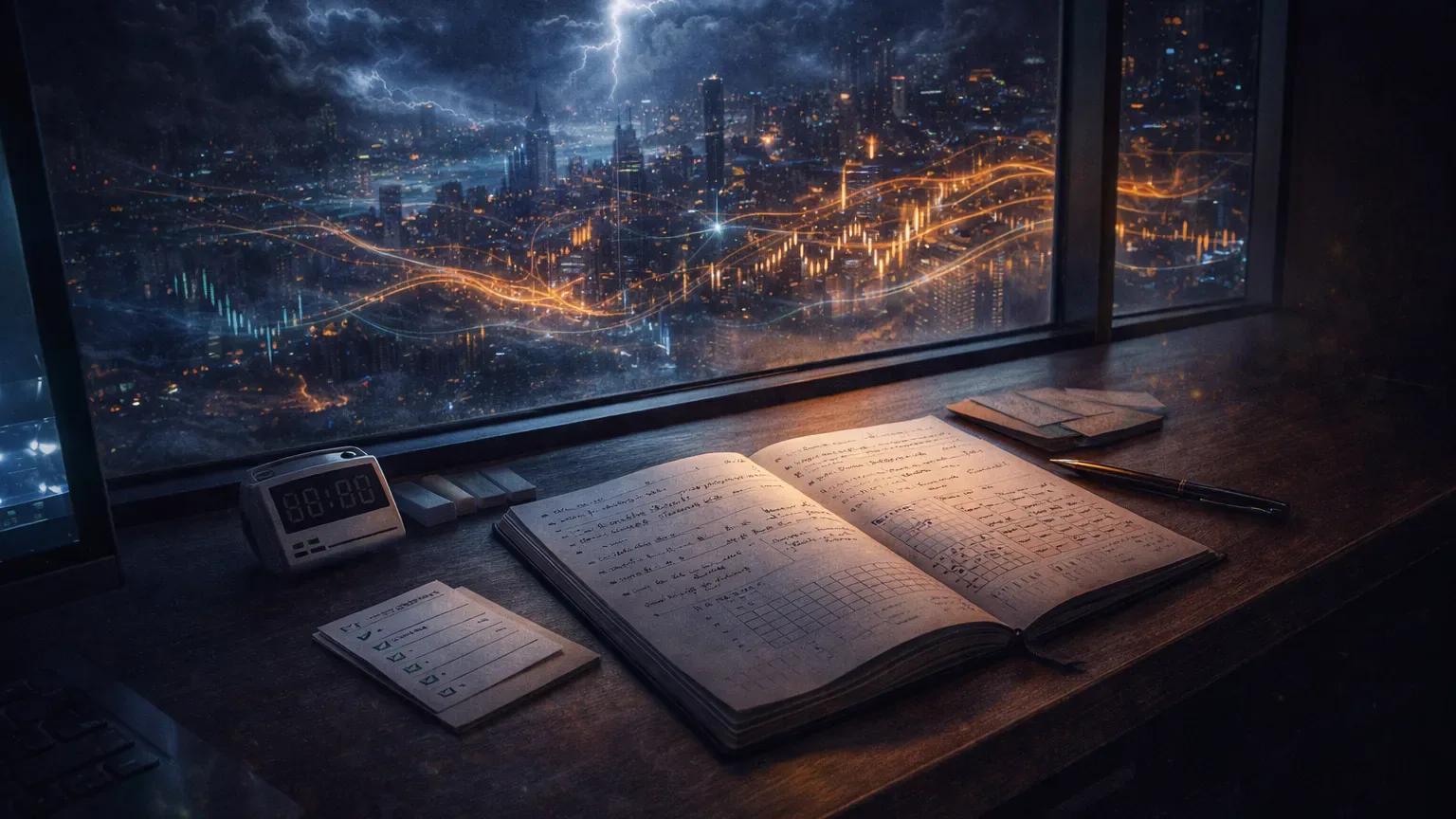 Conceptual image of disciplined execution routines keeping a trader grounded in volatile crypto markets