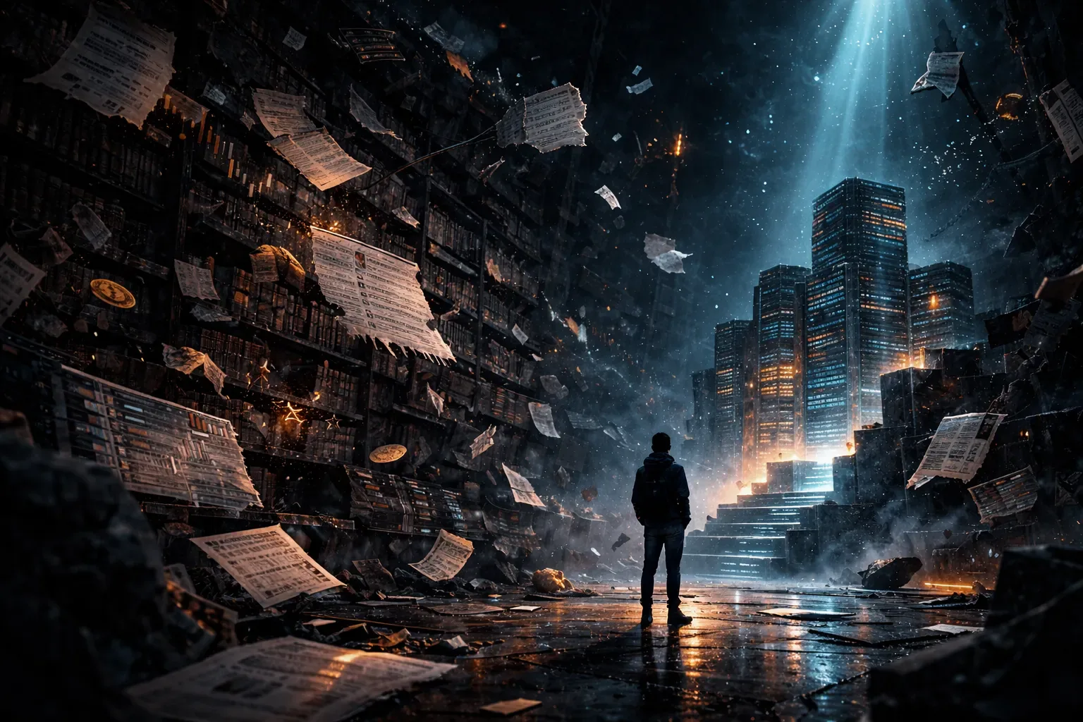 Atmospheric illustration of a trader surrounded by fragmented exchange records and distorted journal signals