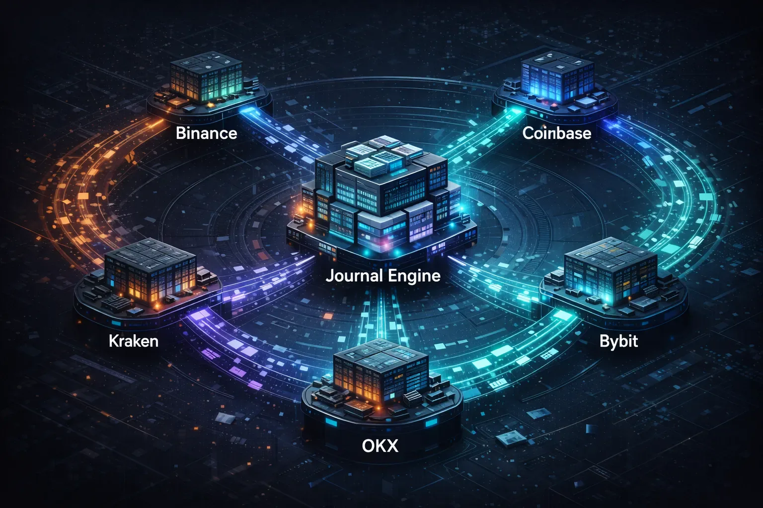 Conceptual diagram of live API exchange syncing into a crypto trading journal