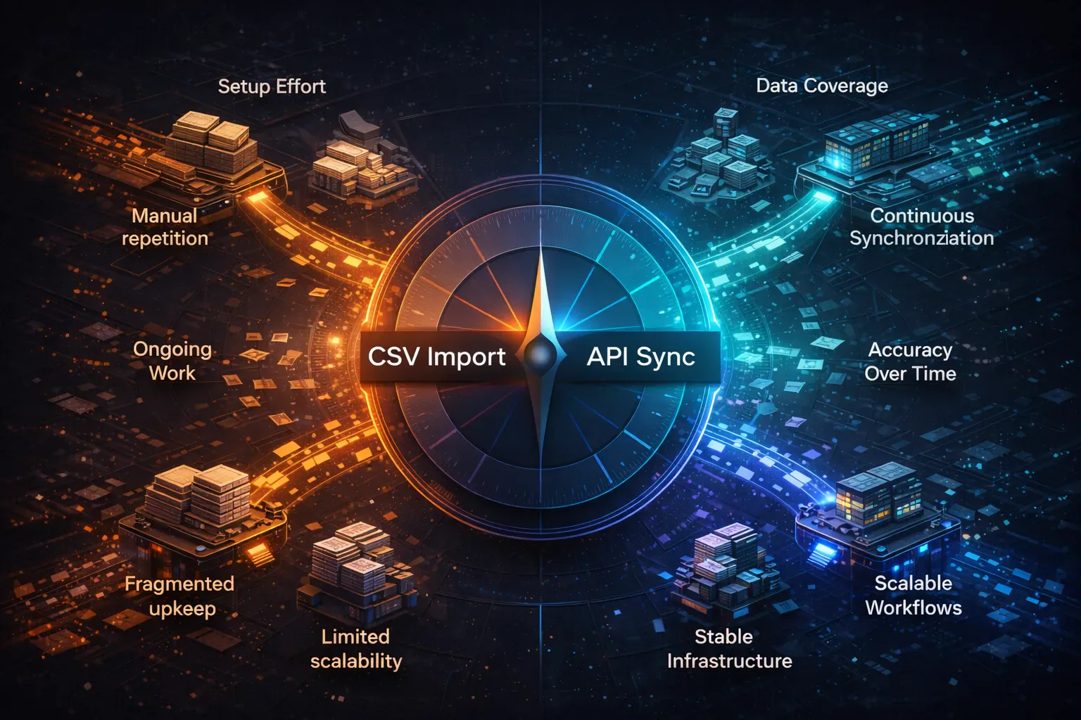 Decision framework comparing CSV imports and API connections across workload and reliability