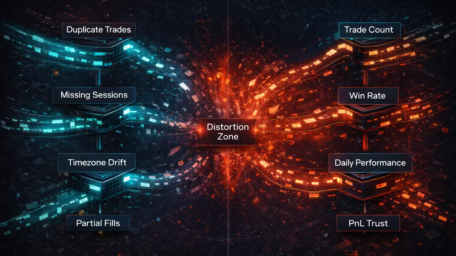 Network diagram of dirty trade import problems distorting trading journal metrics