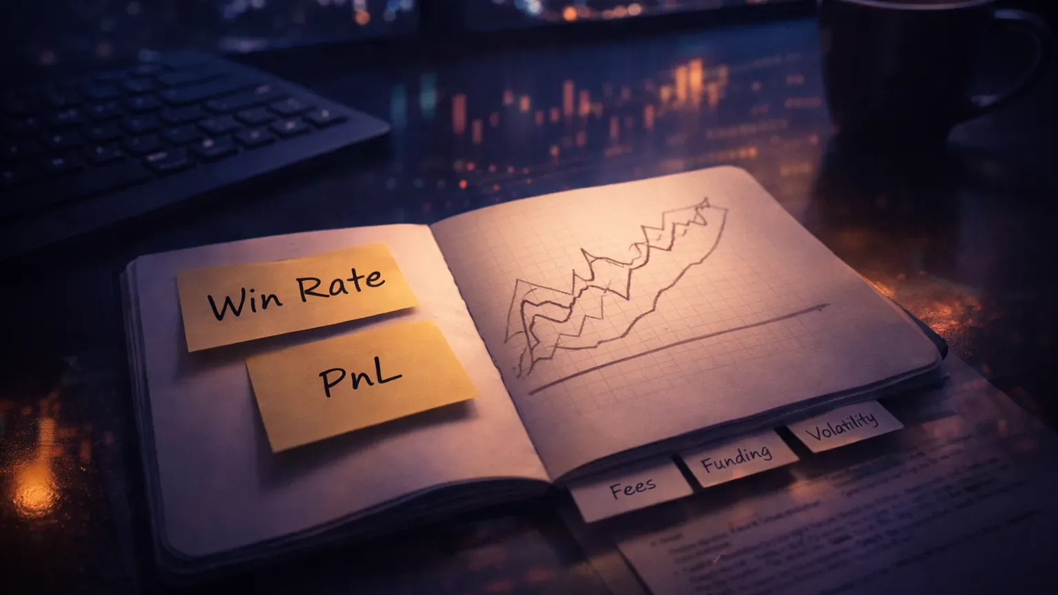 Conceptual illustration of misleading crypto trading stats versus real performance drivers