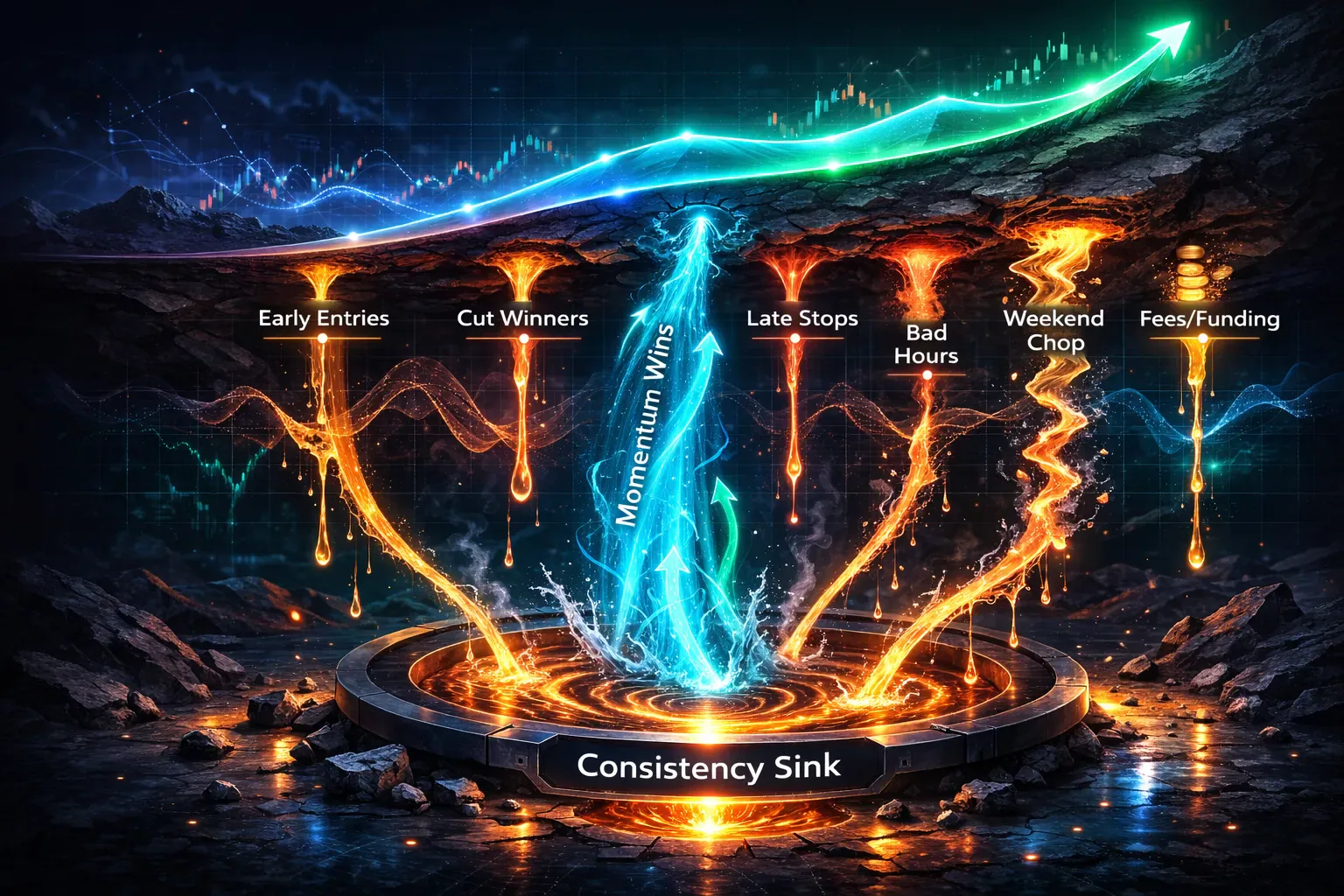 Case study visual showing slow performance leaks behind a rising equity curve