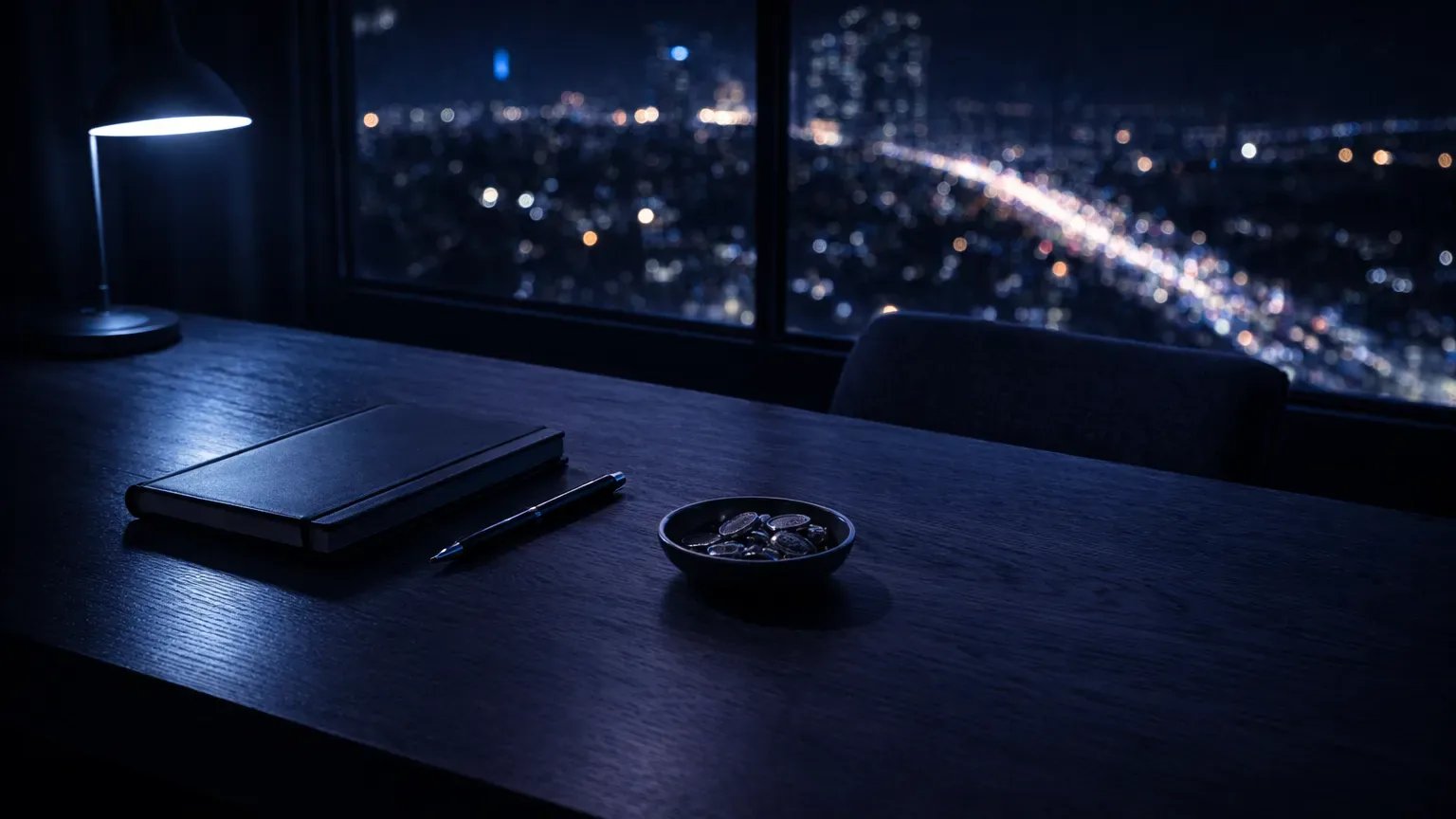 Atmospheric night scene showing calm discipline against nonstop crypto market motion