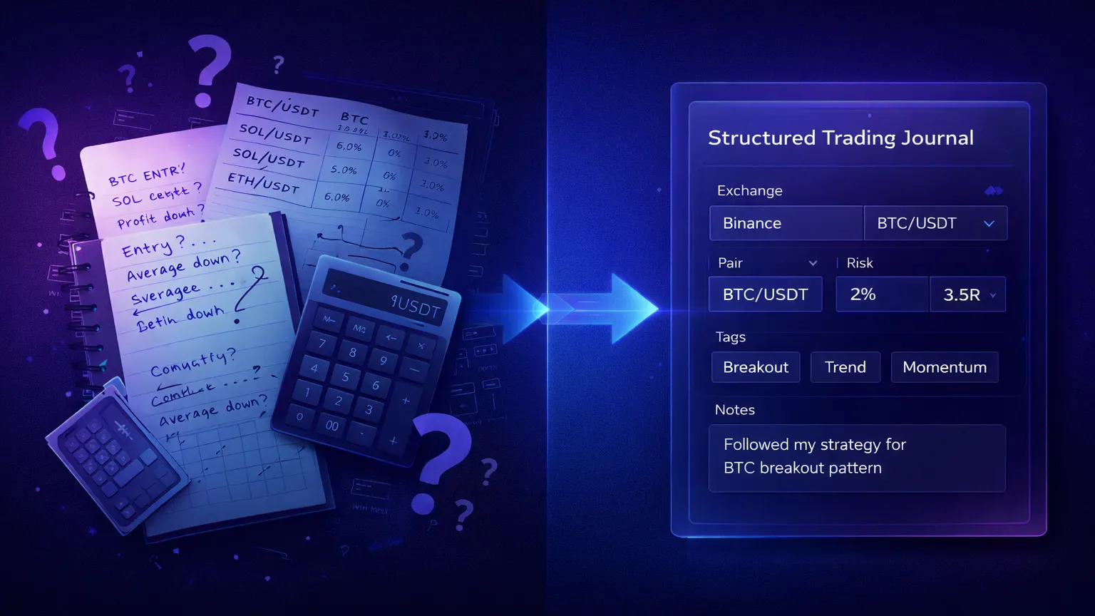 Structured trading journal template turning random trade logs into actionable insights