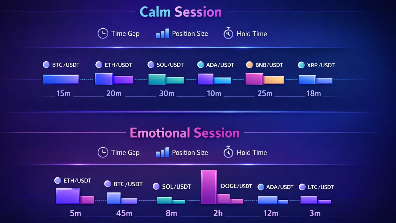 Emotional trading leaves data fingerprints like trade clustering, size drift, and hold-time changes