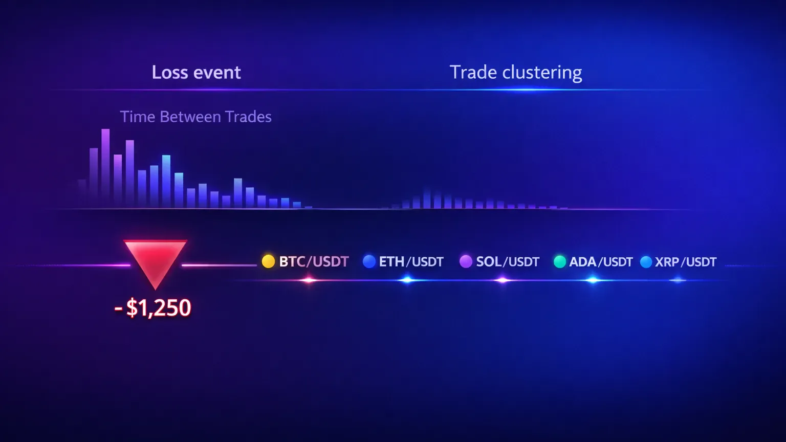 Trade clustering visual showing shrinking time gaps between trades after a loss