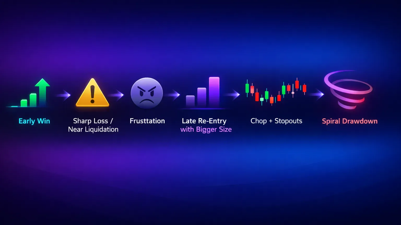 Revenge trading spiral sequence from early win to frustration to late re-entry and drawdown
