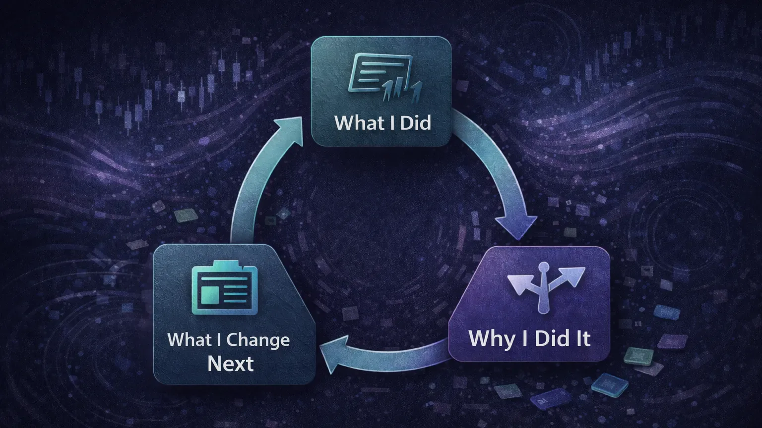 Daily trading journal feedback loop showing what, why, and what to change next
