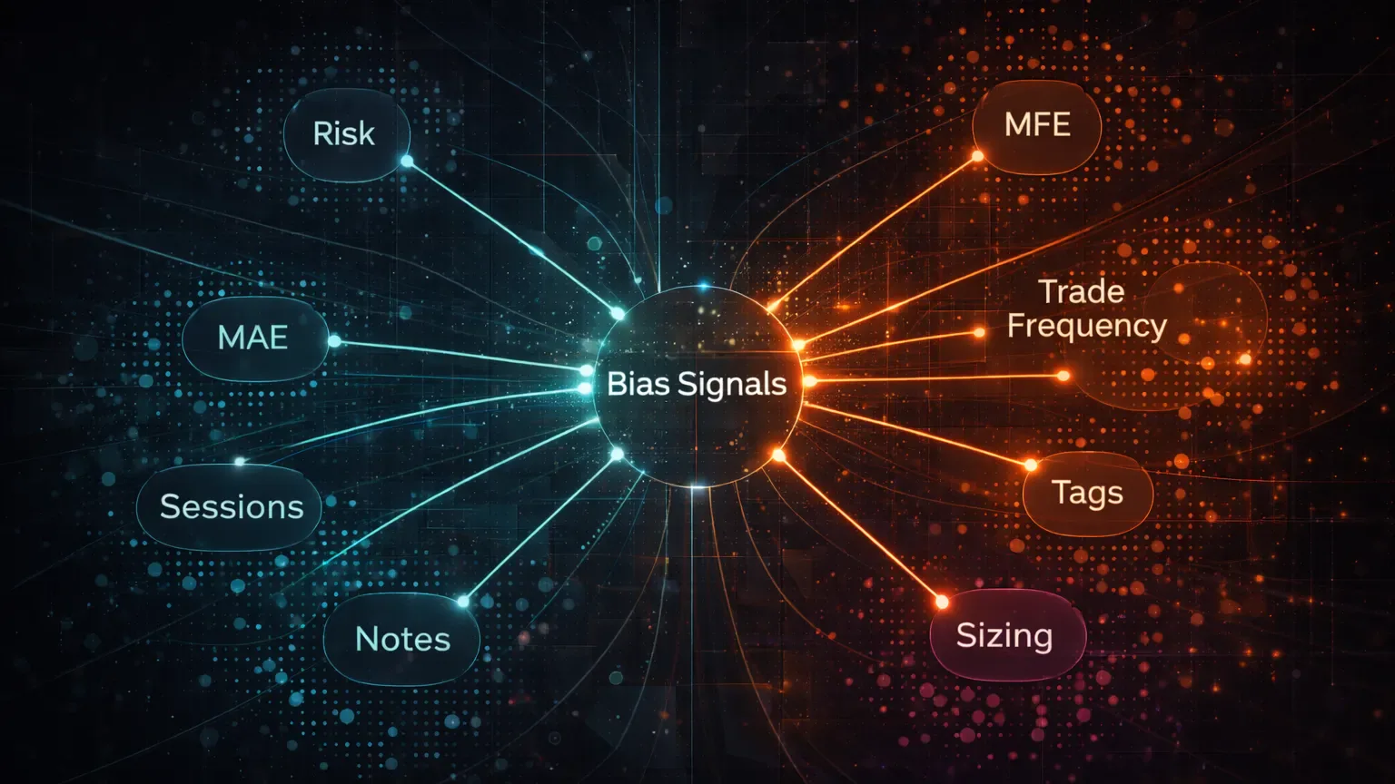 Network diagram linking trade tags and metrics to repeated emotional bias patterns