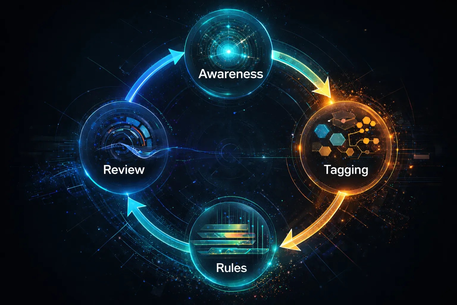 Circular review loop showing how awareness, tagging, rules, and review reduce emotional trading errors