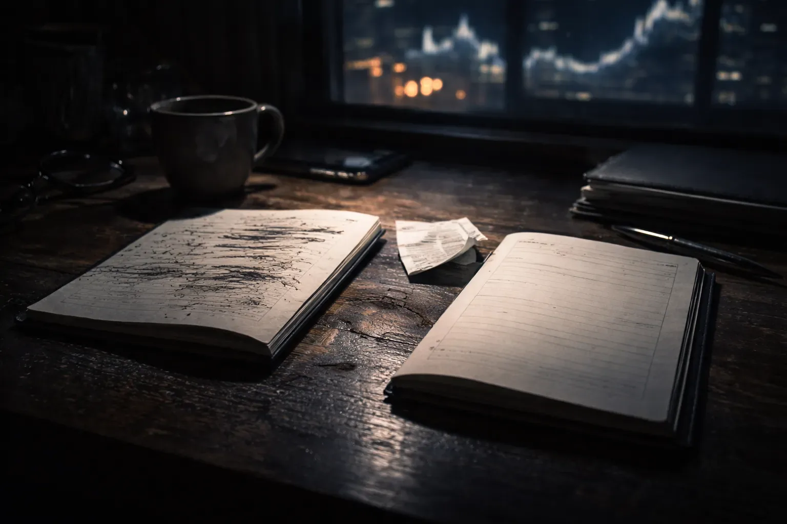 Atmospheric trading desk scene showing tension between journal results and account reality