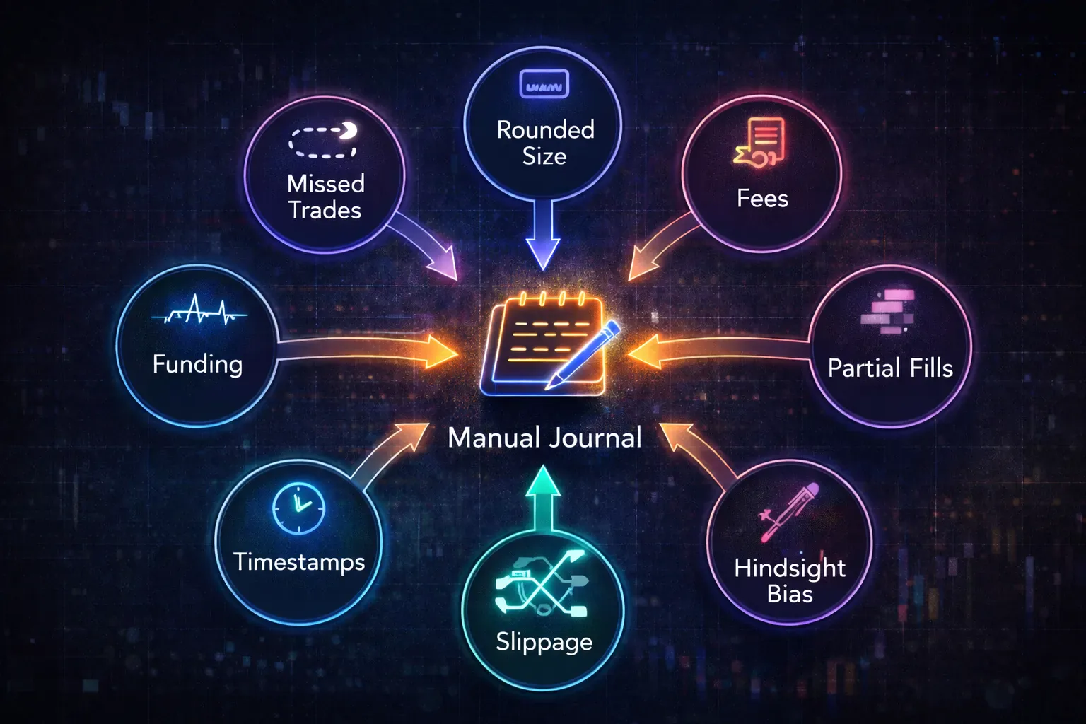 Diagram showing where manual crypto trade journaling loses accuracy: missing trades, fees, funding, timestamps, partial fills, bias