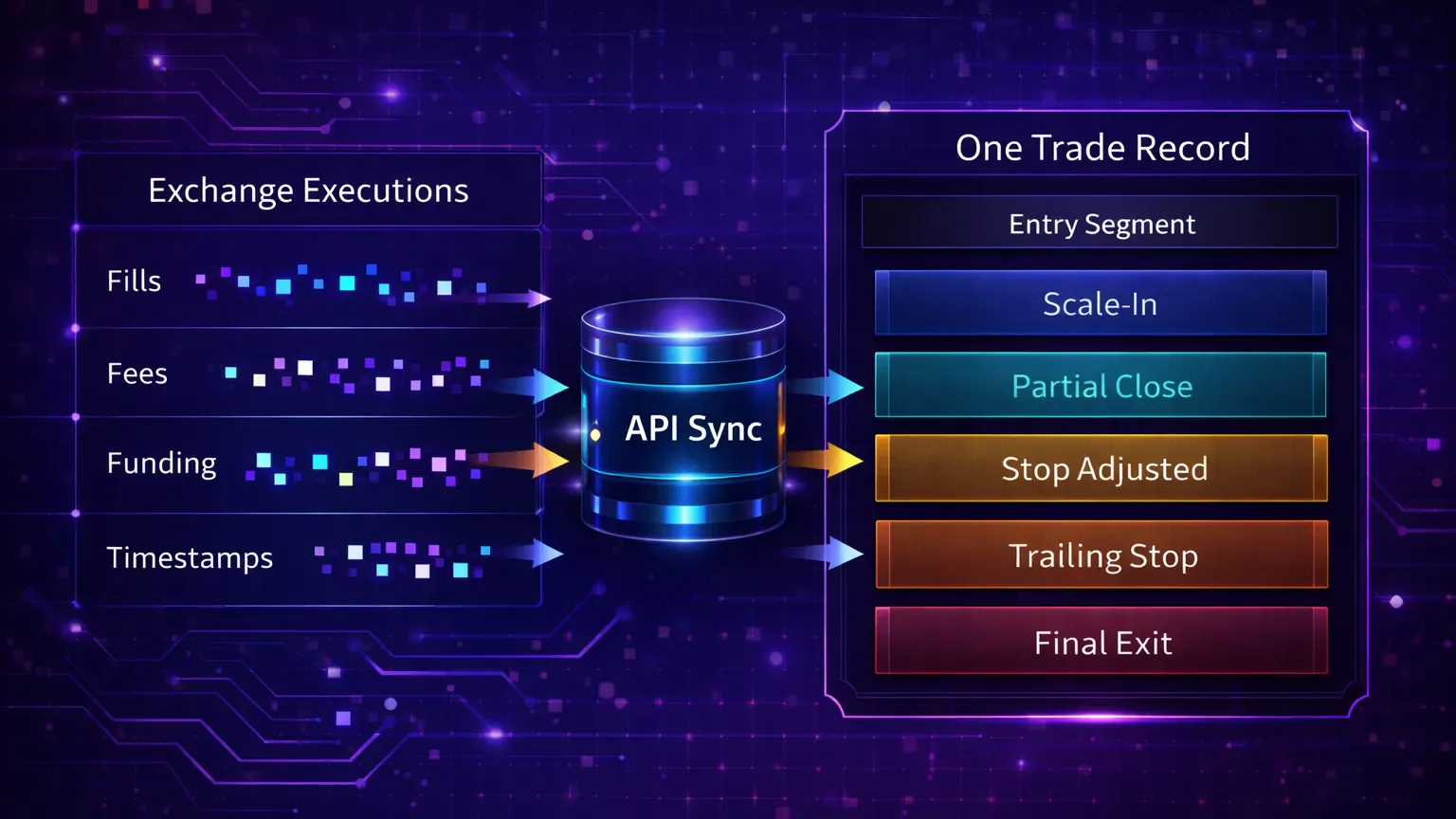 Flow diagram of API-based trade reconstruction from exchange executions into one clean position record