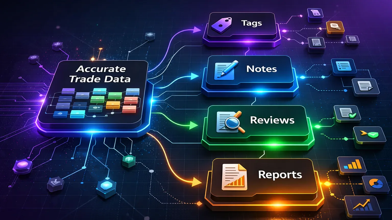 Network diagram linking accurate trade data to tags, notes, reviews, and trustworthy reports