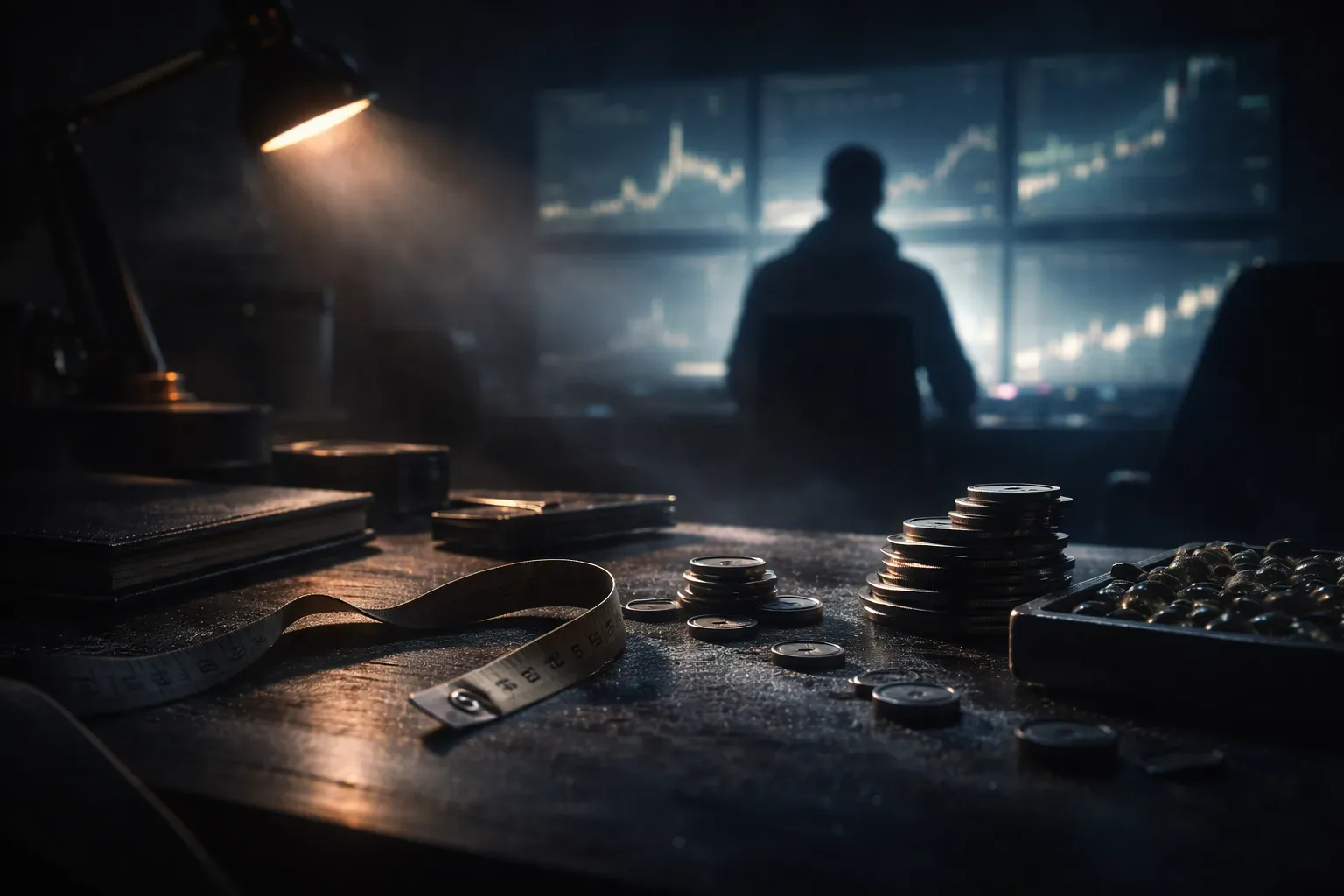 Atmospheric scene illustrating the hidden weight of crypto trading costs like fees, funding, and slippage