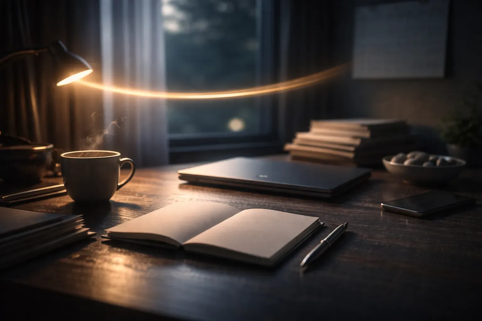 Atmospheric image showing a calm journaling routine with steady rhythm despite a busy life