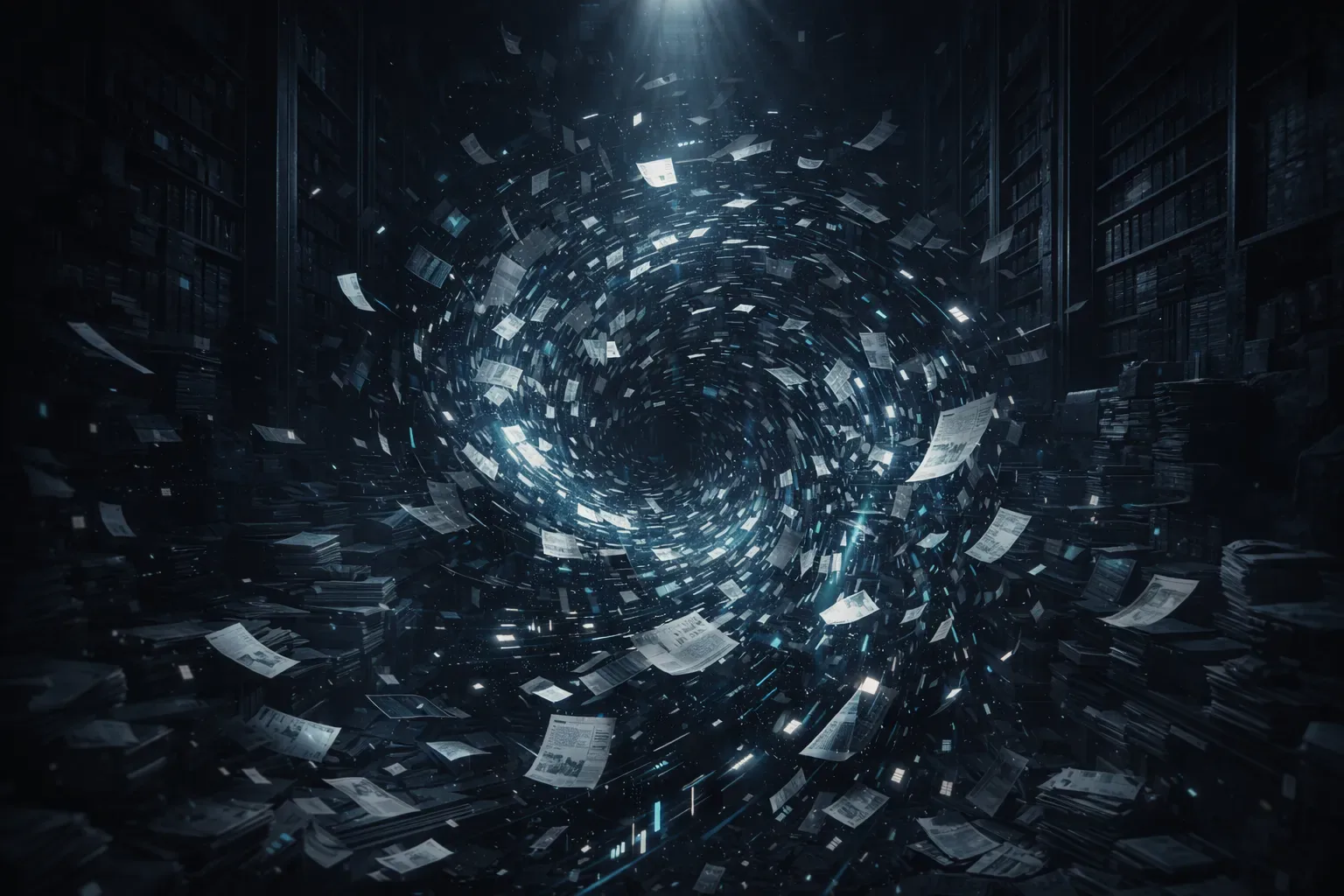 Trader overwhelmed by endless manual trade records flowing like paper and numbers