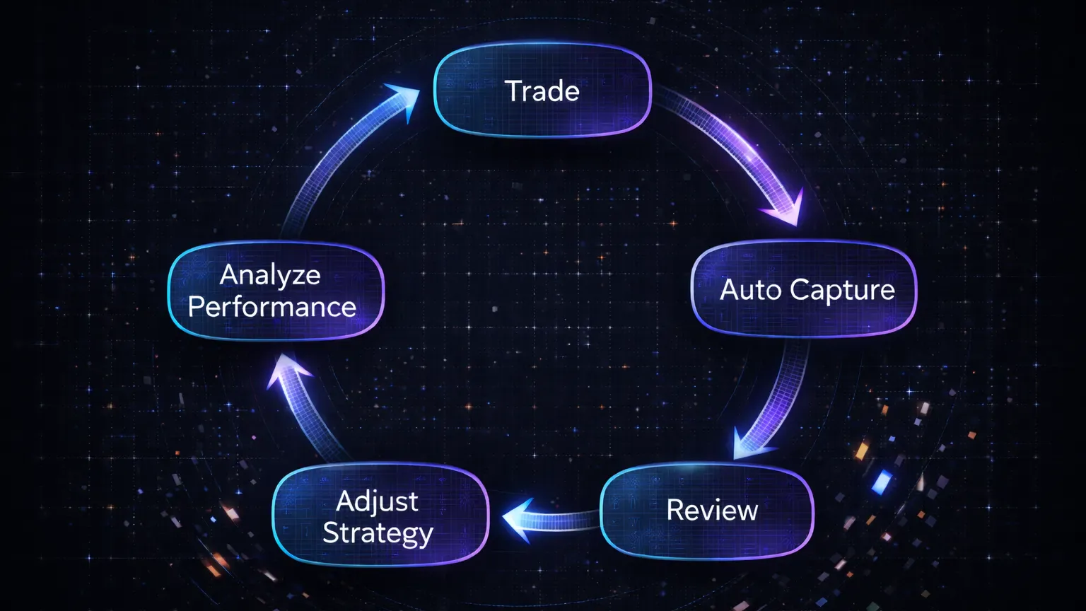 Circular feedback loop showing trade journaling review cycle