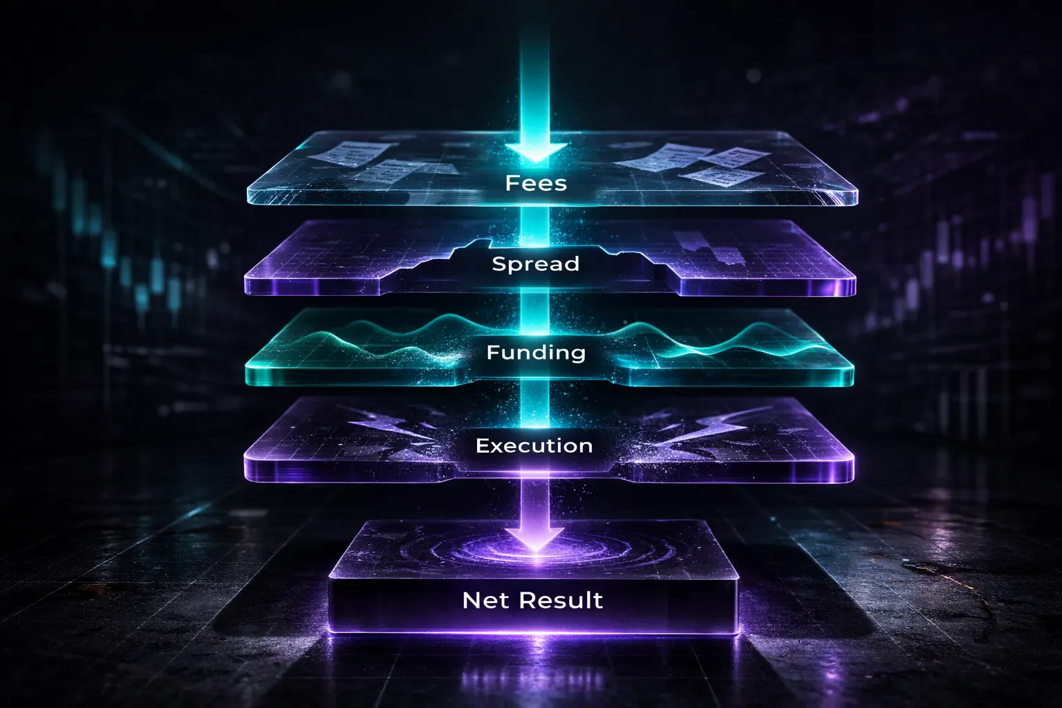 Diagram of crypto day trading cost stack including fees, spread, funding, and venue differences
