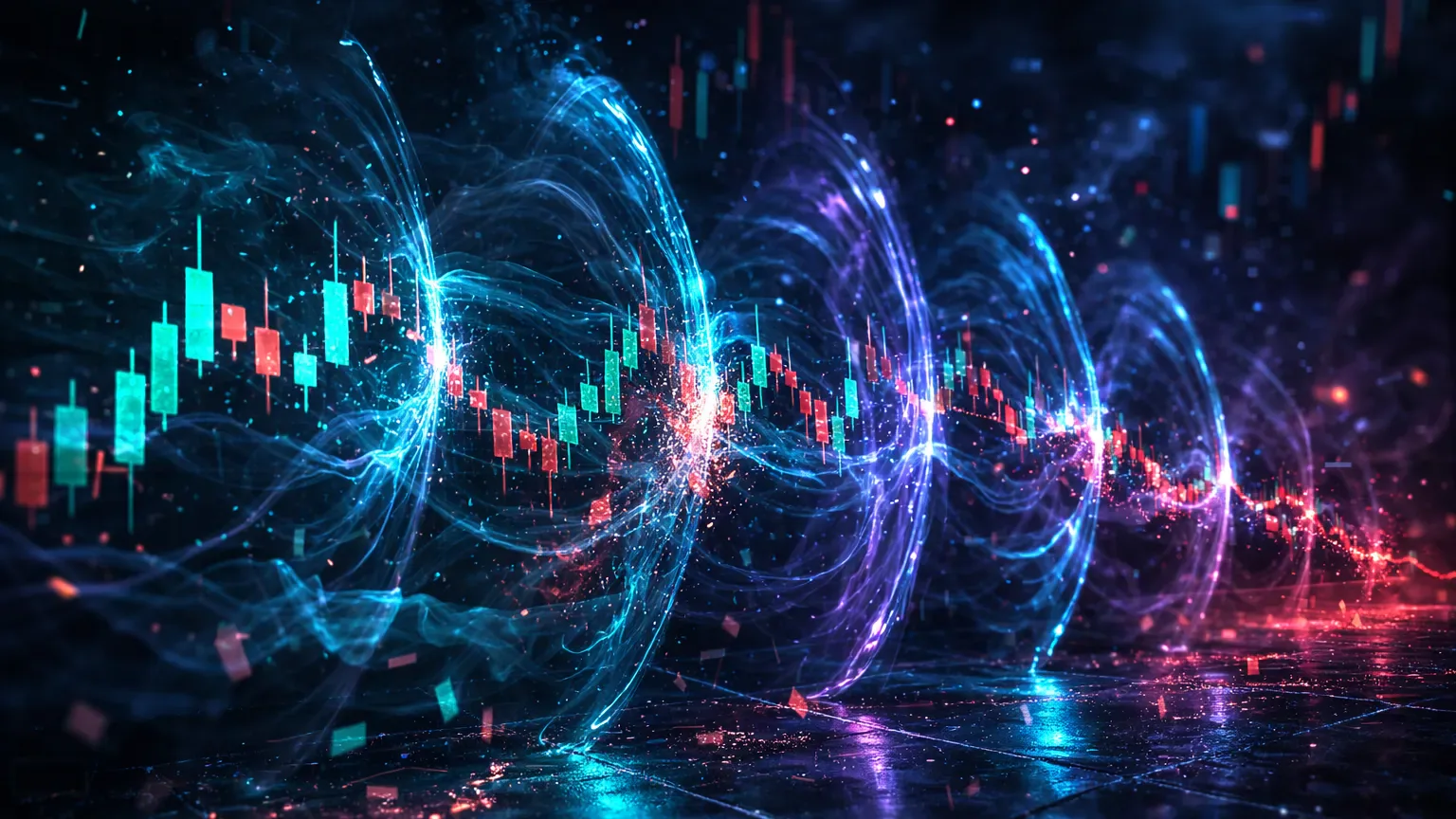Long glowing trading position stretched through recurring market time pulses showing the cost of holding exposure in crypto futures