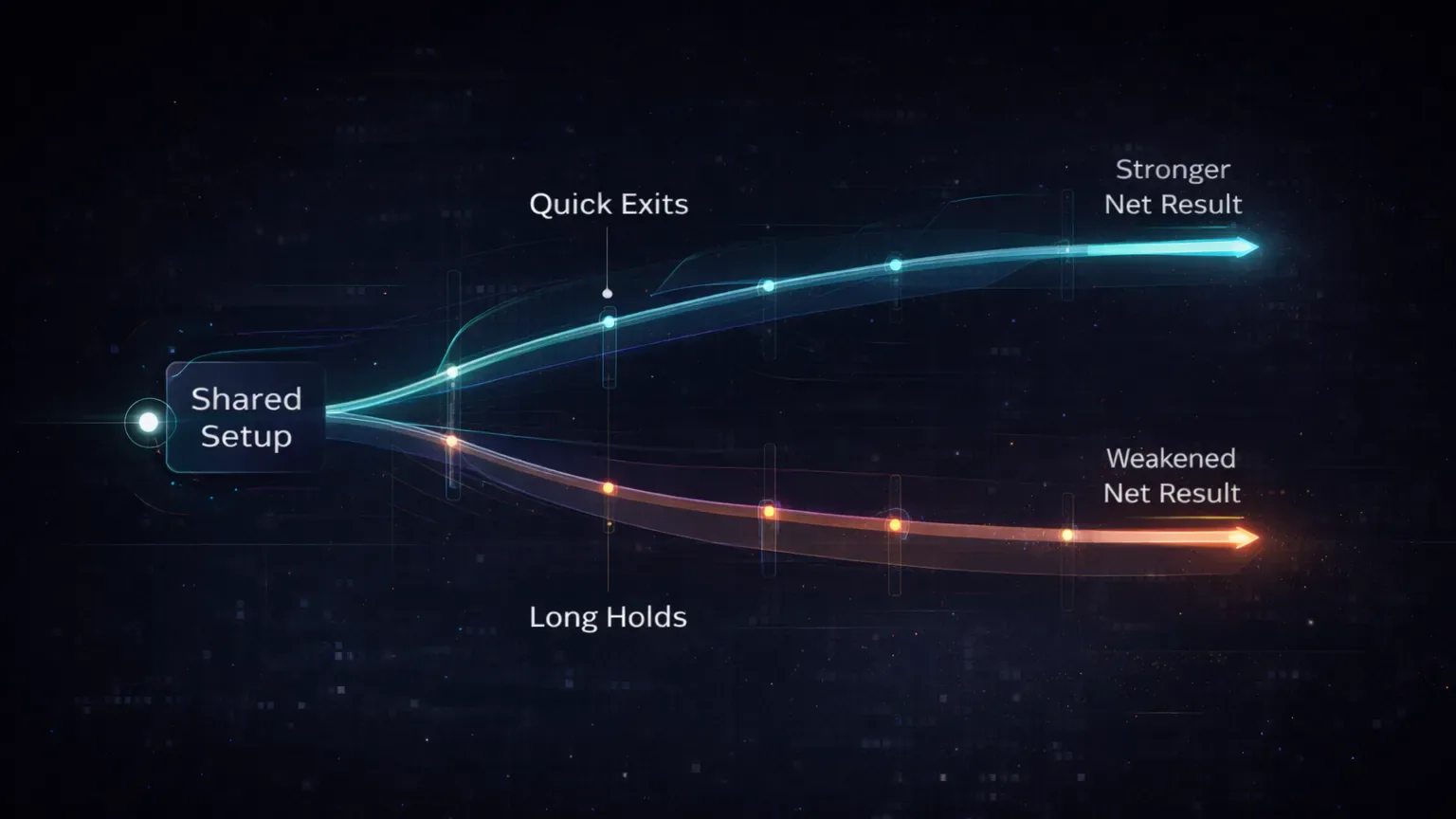 Comparison diagram of two identical trading strategies diverging because of funding costs