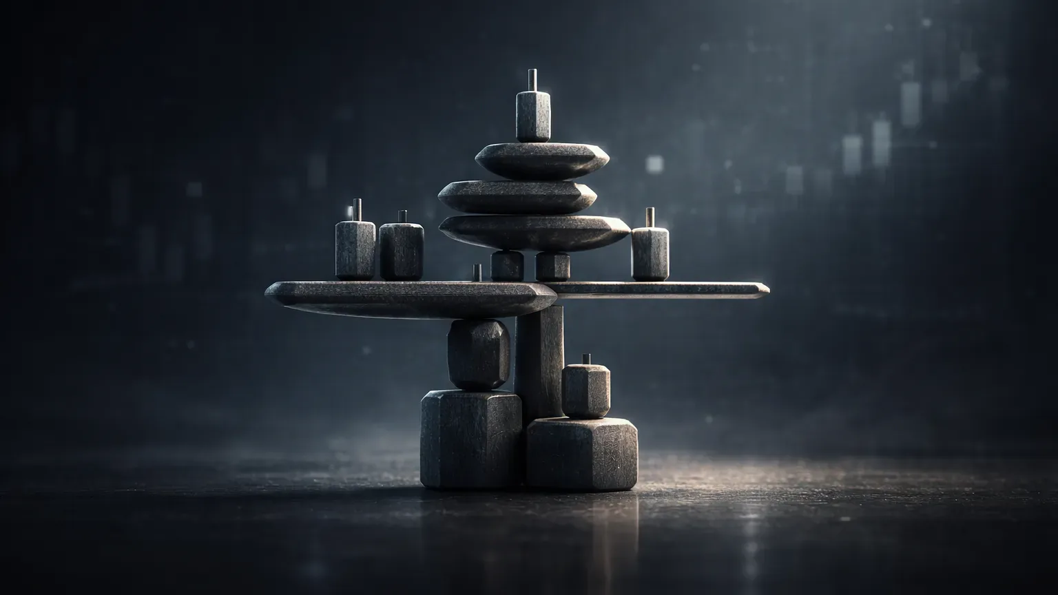 Balanced market scales made of stacked candlestick bars representing disciplined weekly evaluation of trading exposure