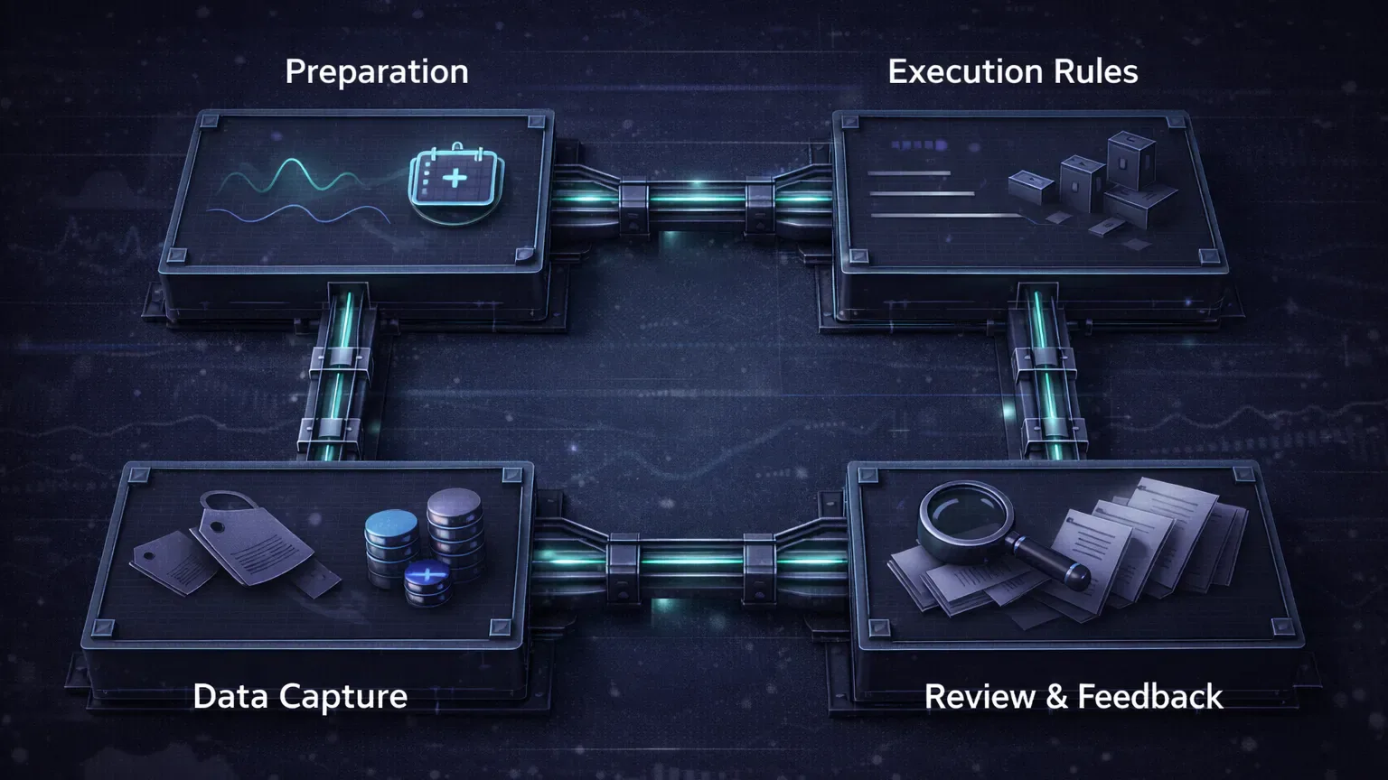 Four-block system diagram showing preparation execution data capture and review as a connected structure