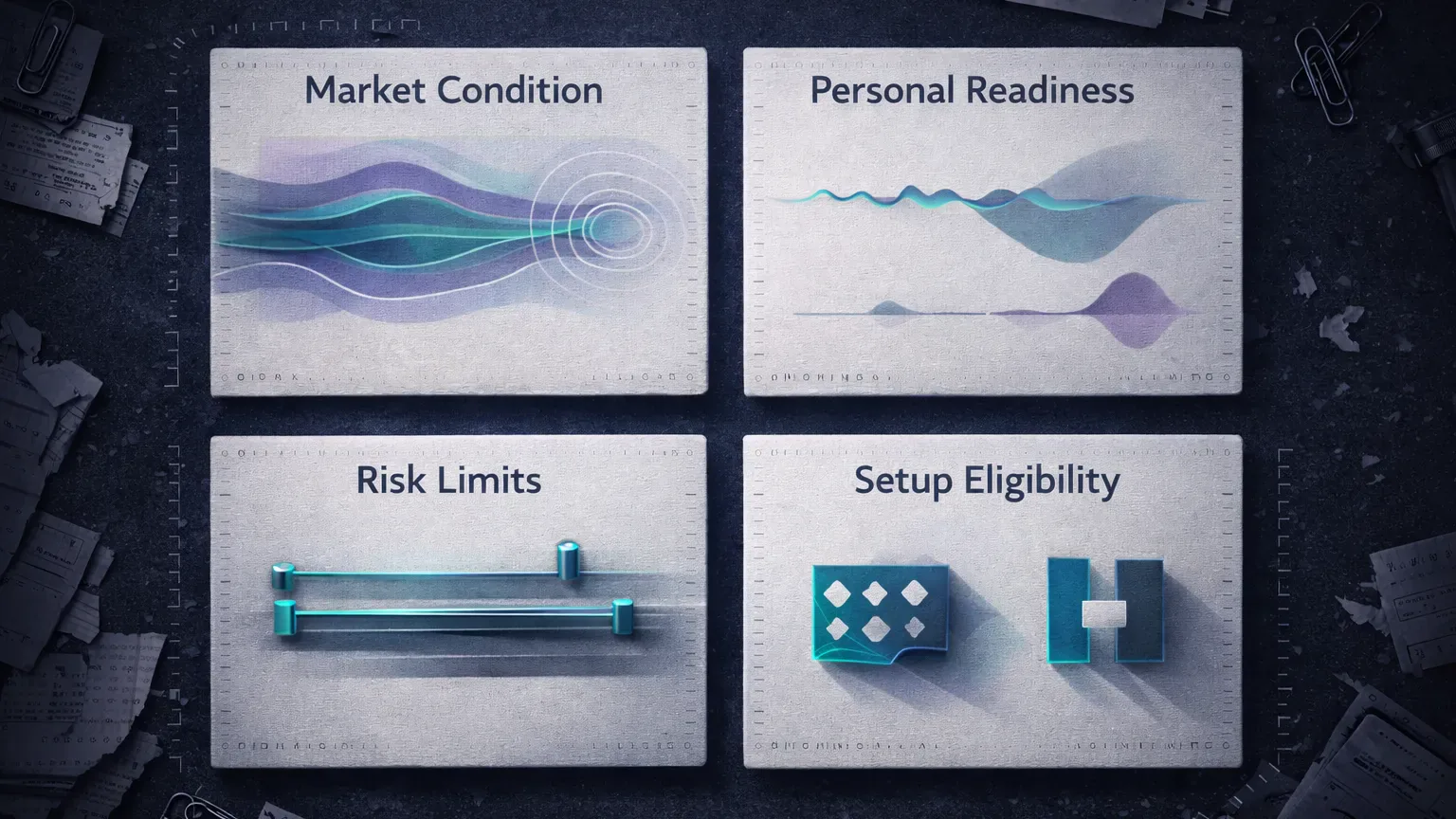 Pre-trade checklist visualization showing market condition readiness risk limits and setup eligibility