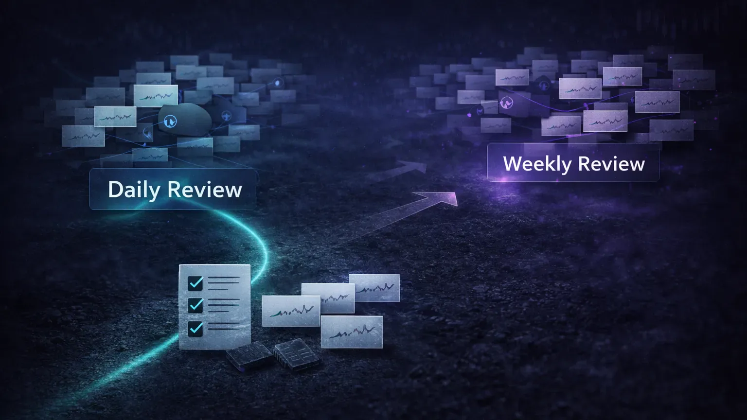 Daily vs weekly review visual framework showing discipline checks and pattern discovery