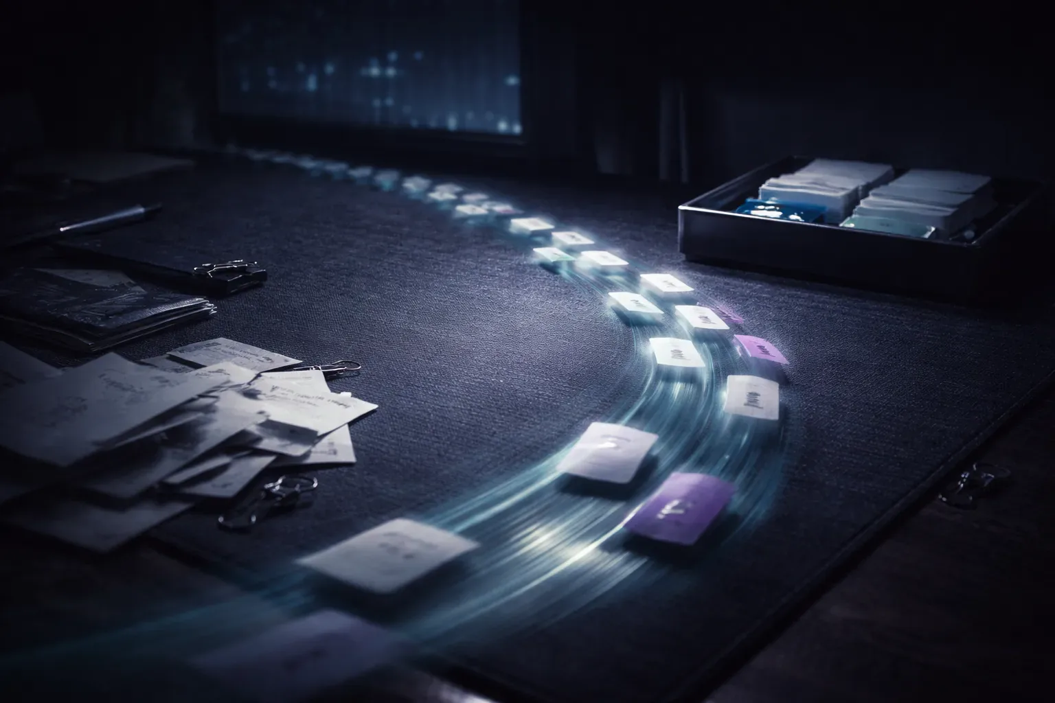 Cinematic scene of smooth automated flow replacing manual trading friction with organized artifacts