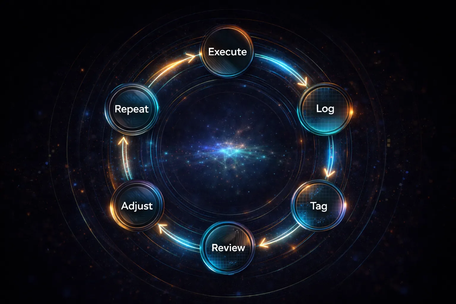 Loop diagram showing the six-step consistency feedback cycle from execution to review and adjustment